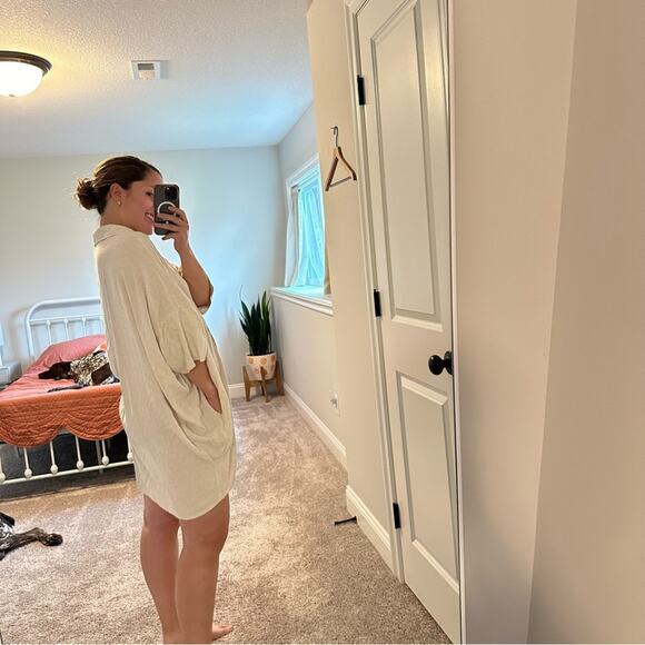 Myrah Penaloza Tan Cream Linen Blend Button Front Mini Dress M/L - Picture 3 of 12